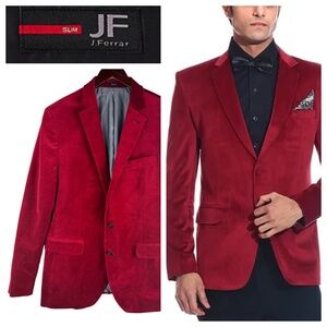 JF J. Ferrar Slim Jacket Sport Coat Blazer Mens 44 44R Velvet Velour Red Holiday